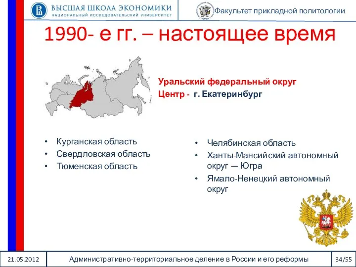 21.05.2012 Административно-территориальное деление в России и его реформы 34/55 Факультет