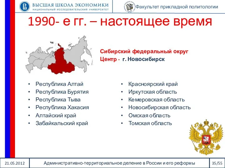 21.05.2012 Административно-территориальное деление в России и его реформы 35/55 Факультет