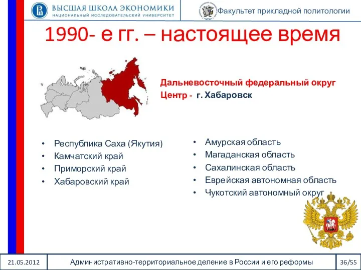 21.05.2012 Административно-территориальное деление в России и его реформы 36/55 Факультет