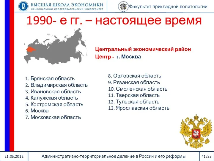 21.05.2012 Административно-территориальное деление в России и его реформы 41/55 Факультет