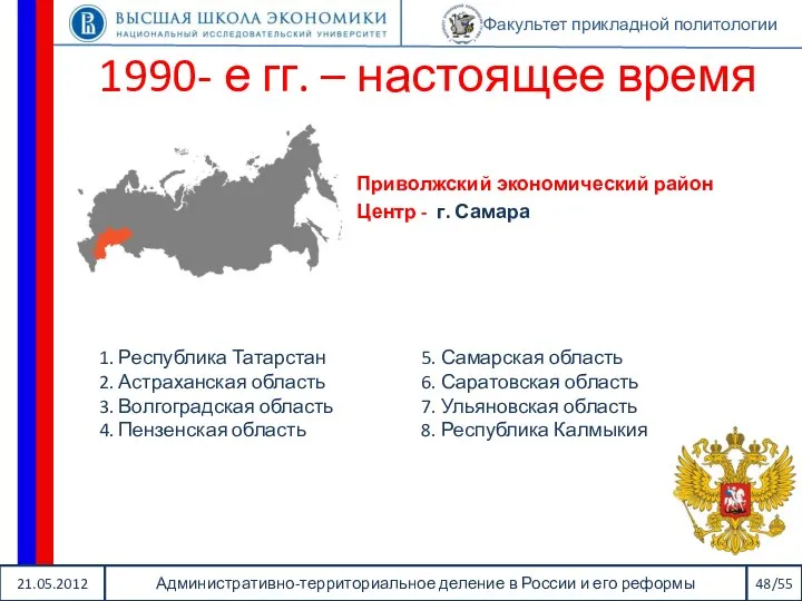 21.05.2012 Административно-территориальное деление в России и его реформы 48/55 Факультет