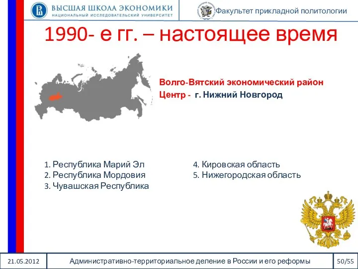 21.05.2012 Административно-территориальное деление в России и его реформы 50/55 Факультет