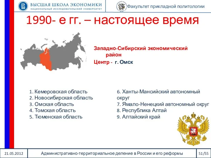 21.05.2012 Административно-территориальное деление в России и его реформы 51/55 Факультет