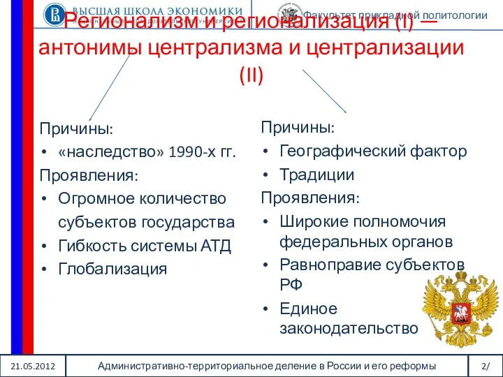 21.05.2012 Административно-территориальное деление в России и его реформы 2/ Факультет