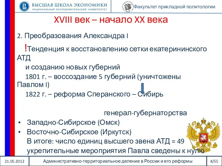 21.05.2012 Административно-территориальное деление в России и его реформы 8/55 Факультет