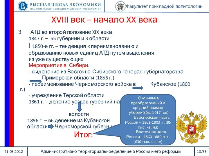 21.05.2012 Административно-территориальное деление в России и его реформы 10/55 Факультет