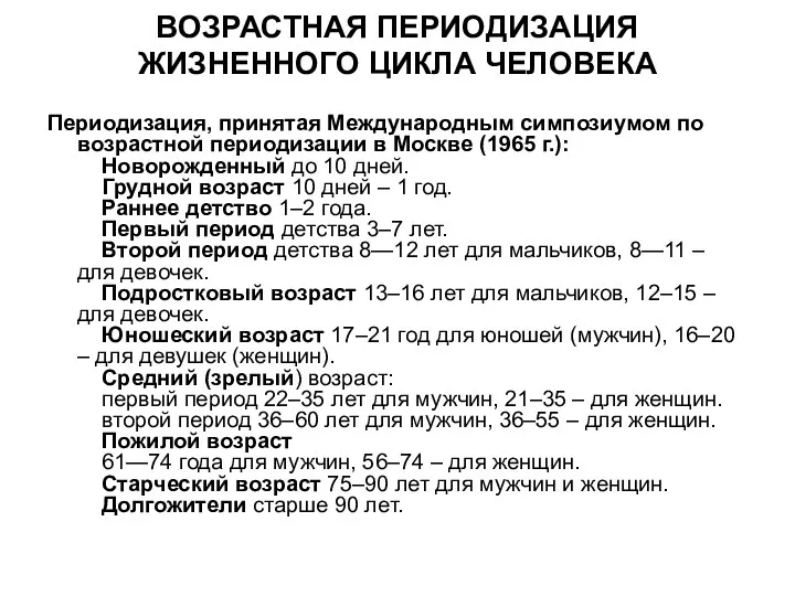 ВОЗРАСТНАЯ ПЕРИОДИЗАЦИЯ ЖИЗНЕННОГО ЦИКЛА ЧЕЛОВЕКА Периодизация, принятая Международным симпозиумом по