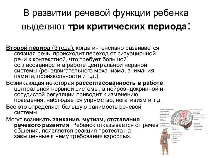 В развитии речевой функции ребенка выделяют три критических периода: Второй