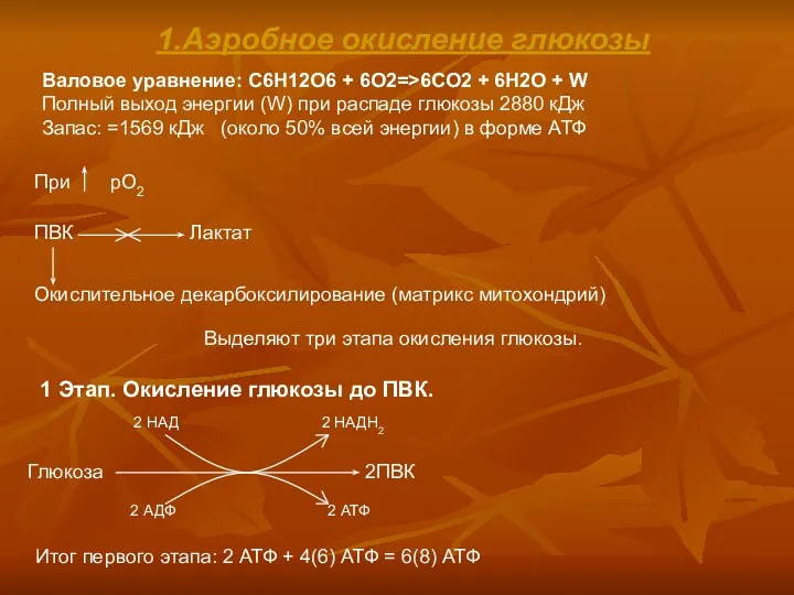 1.Аэробное окисление глюкозы Валовое уравнение: C6H12O6 + 6O2=>6CO2 + 6H2O