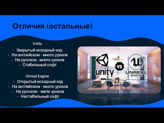 Отличия (остальные) Unity Unreal Engine Закрытый исходный код. На английском