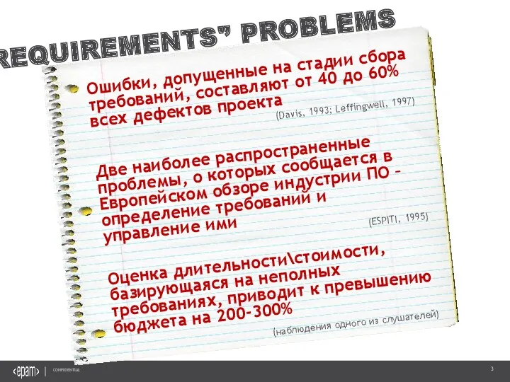 REQUIREMENTS'’ PROBLEMS Ошибки, допущенные на стадии сбора требований, составляют от 40 до 60%