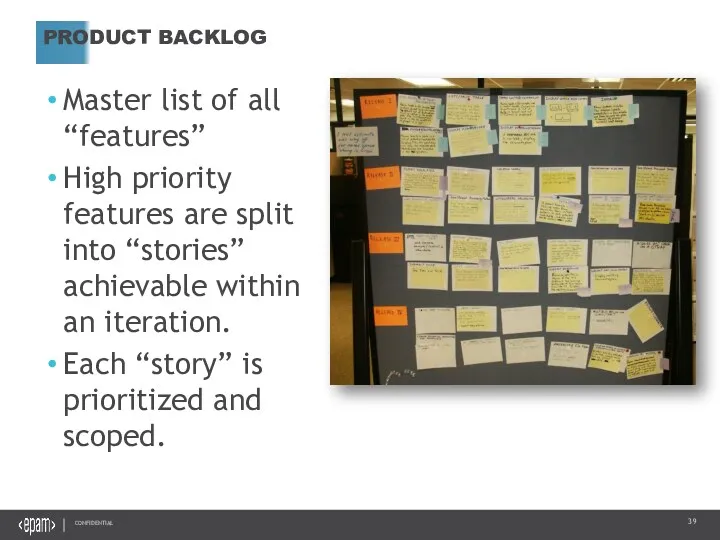 PRODUCT BACKLOG Master list of all “features” High priority features are split into