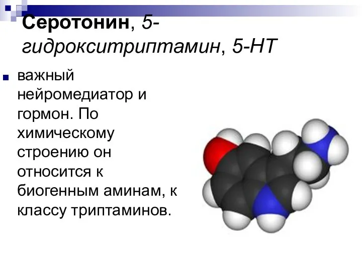 Серотонин, 5-гидрокситриптамин, 5-НТ важный нейромедиатор и гормон. По химическому строению он относится к