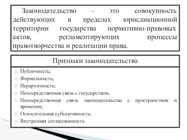 Законодательство - это совокупность действующих в пределах юрисдикционной территории государства