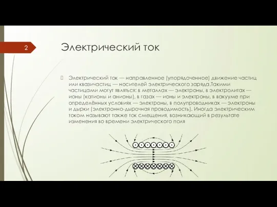 Электрический ток Электрический ток — направленное (упорядоченное) движение частиц или