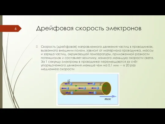 Дрейфовая скорость электронов Скорость (дрейфовая) направленного движения частиц в проводниках,