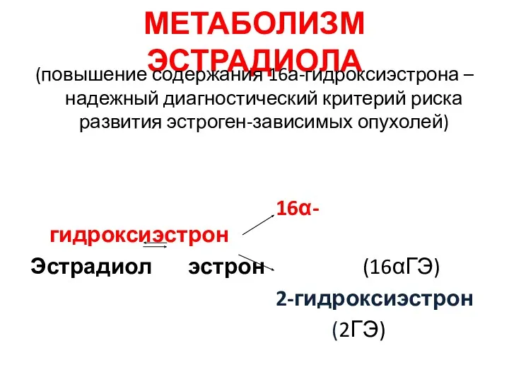 МЕТАБОЛИЗМ ЭСТРАДИОЛА (повышение содержания 16а-гидроксиэстрона – надежный диагностический критерий риска