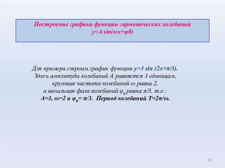 Построение графика функции гармонических колебаний y=A sin(ωx+φ0) Для примера строим график функции y=3