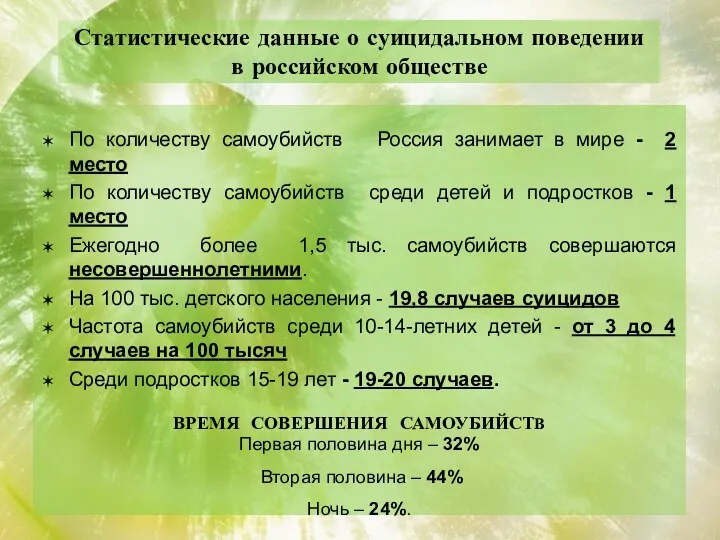 Статистические данные о суицидальном поведении в российском обществе По количеству