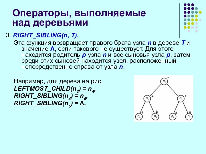 Операторы, выполняемые над деревьями 3. RIGHT_SIBLING(n, Т). Эта функция возвращает