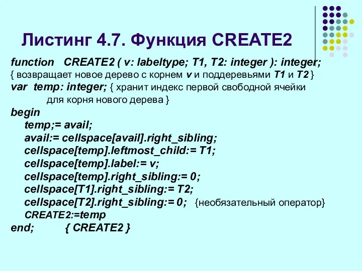 Листинг 4.7. Функция CREATE2 function CREATE2 ( v: labeltype; T1,