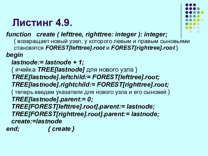 Листинг 4.9. function create ( lefttree, righttree: integer ): integer;