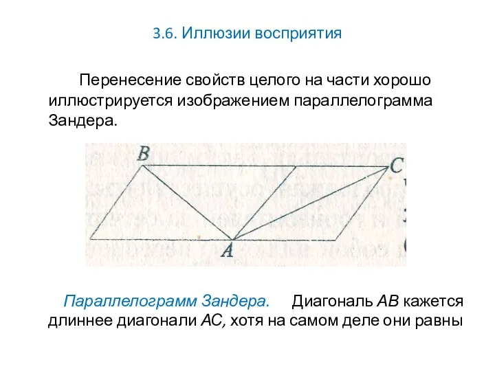 3.6. Иллюзии восприятия Перенесение свойств целого на части хорошо иллюстрируется изображением параллелограмма Зандера.