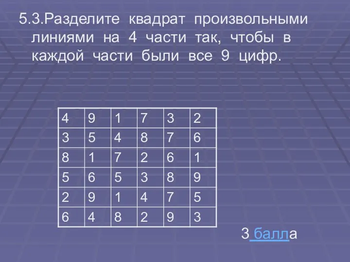 5.3.Разделите квадрат произвольными линиями на 4 части так, чтобы в