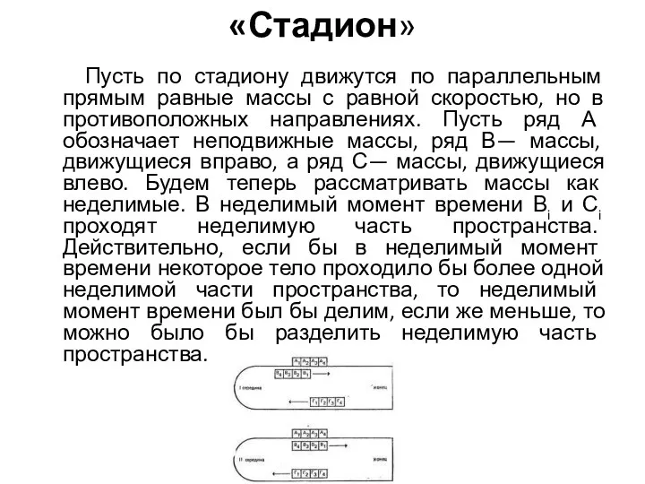 «Стадион» Пусть по стадиону движутся по параллельным прямым равные массы