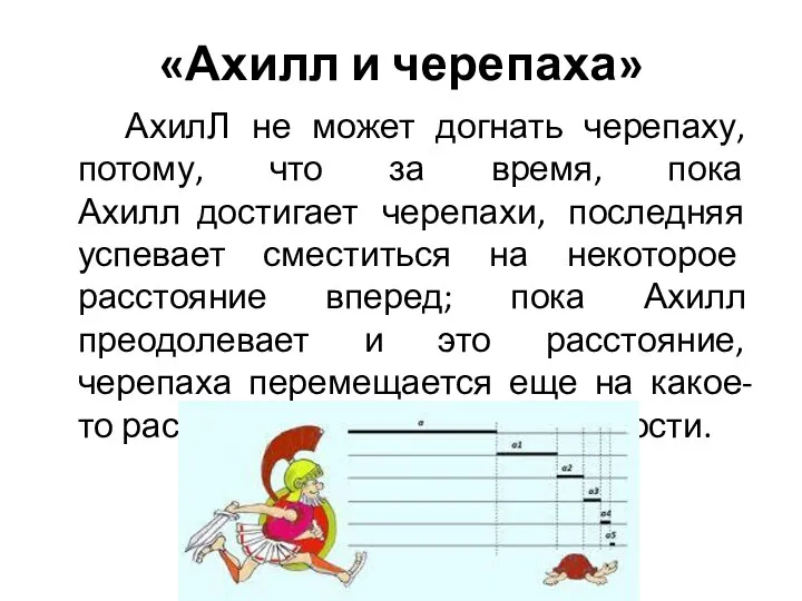 «Ахилл и черепаха» АхилЛ не может догнать черепаху, потому, что