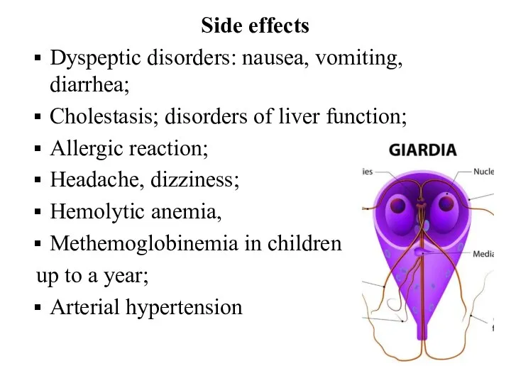 Side effects Dyspeptic disorders: nausea, vomiting, diarrhea; Cholestasis; disorders of liver function; Allergic