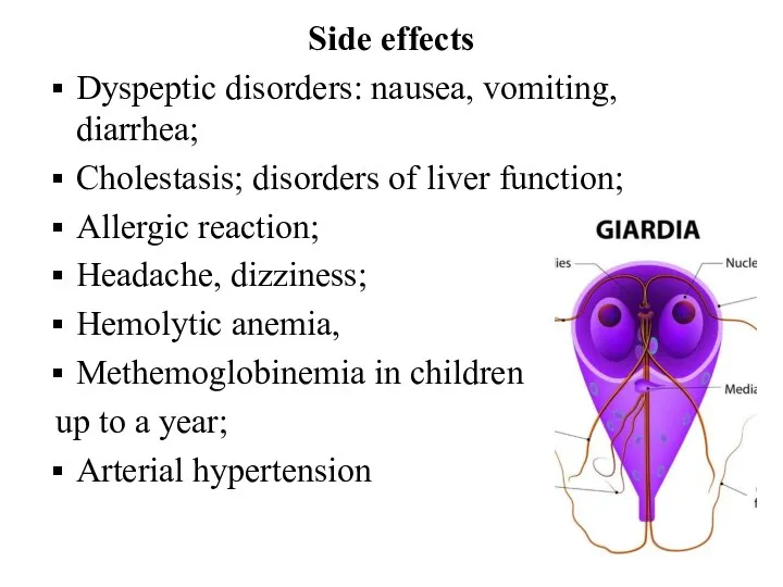 Side effects Dyspeptic disorders: nausea, vomiting, diarrhea; Cholestasis; disorders of