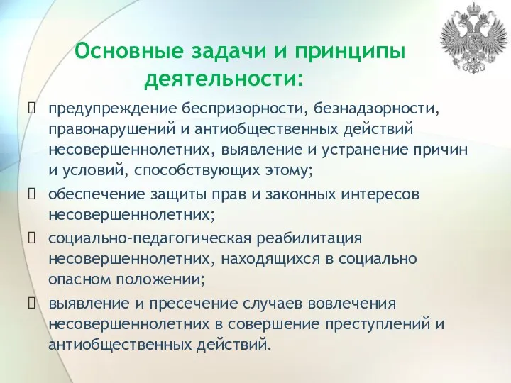 Основные задачи и принципы деятельности: предупреждение беспризорности, безнадзорности, правонарушений и