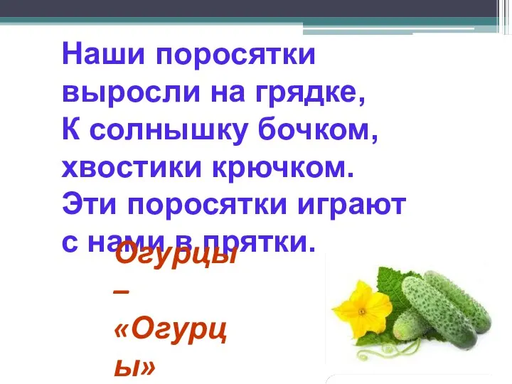 Наши поросятки выросли на грядке, К солнышку бочком, хвостики крючком.