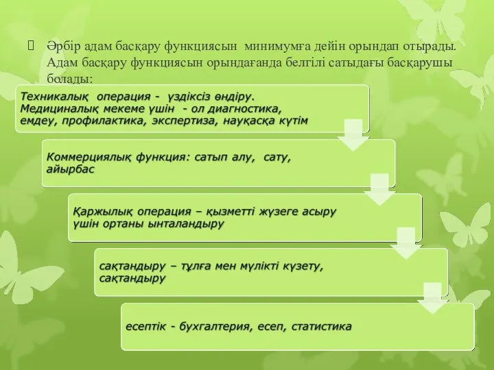 Әрбір адам басқару функциясын минимумға дейін орындап отырады. Адам басқару функциясын орындағанда белгілі сатыдағы басқарушы болады: