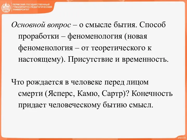 Основной вопрос – о смысле бытия. Способ проработки – феноменология