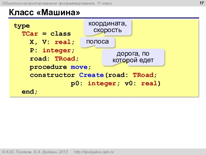 Класс «Машина» type TCar = class X, V: real; P: