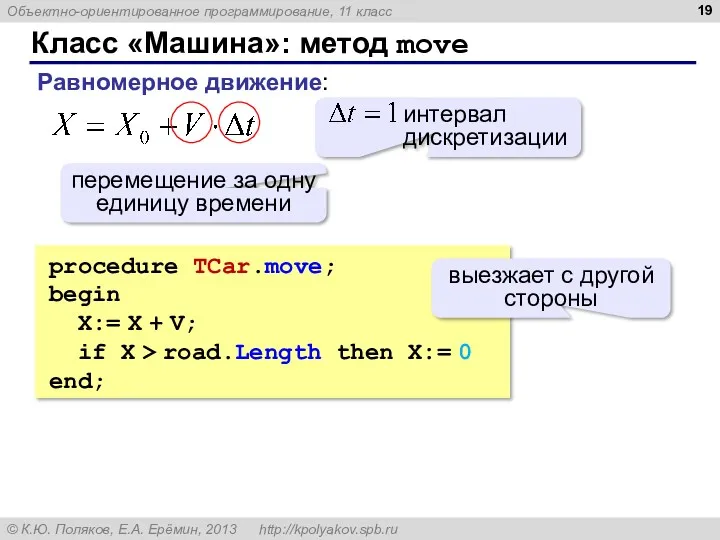 Класс «Машина»: метод move procedure TCar.move; begin X:= X +