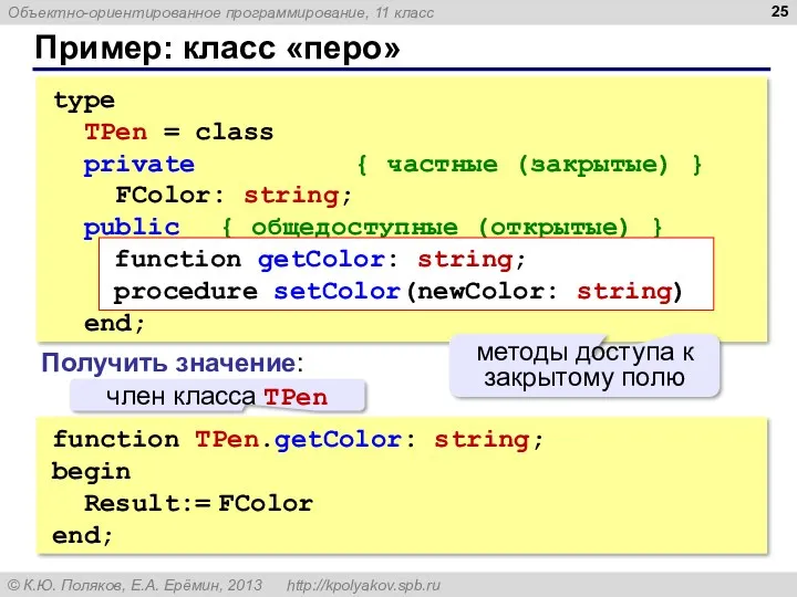 Пример: класс «перо» type TPen = class private { частные