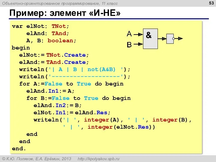 Пример: элемент «И-НЕ» var elNot: TNot; elAnd: TAnd; A, B: