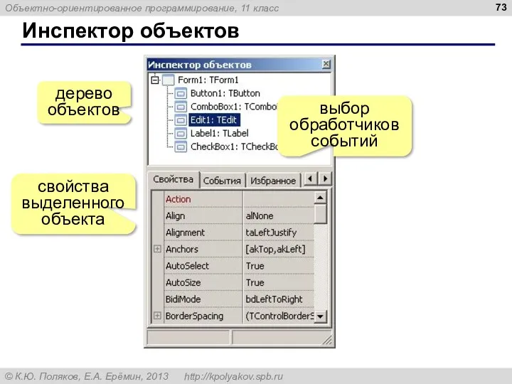 Инспектор объектов дерево объектов свойства выделенного объекта выбор обработчиков событий