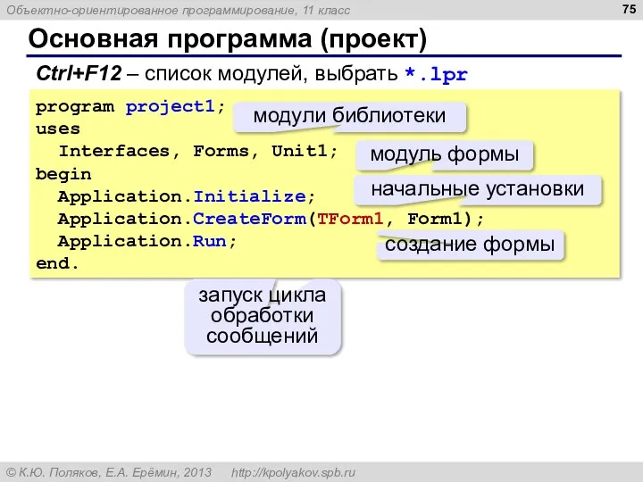 Основная программа (проект) Ctrl+F12 – список модулей, выбрать *.lpr program