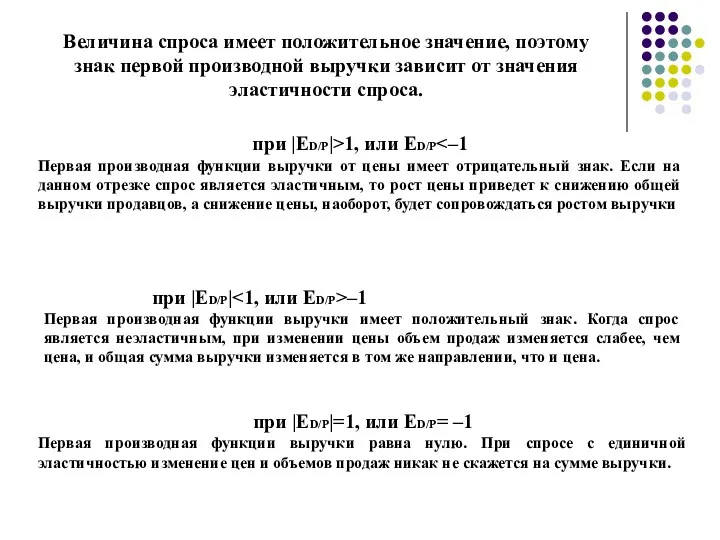 Величина спроса имеет положительное значение, поэтому знак первой производной выручки