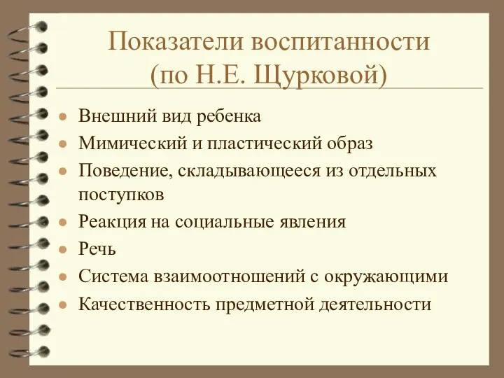 Показатели воспитанности (по Н.Е. Щурковой) Внешний вид ребенка Мимический и