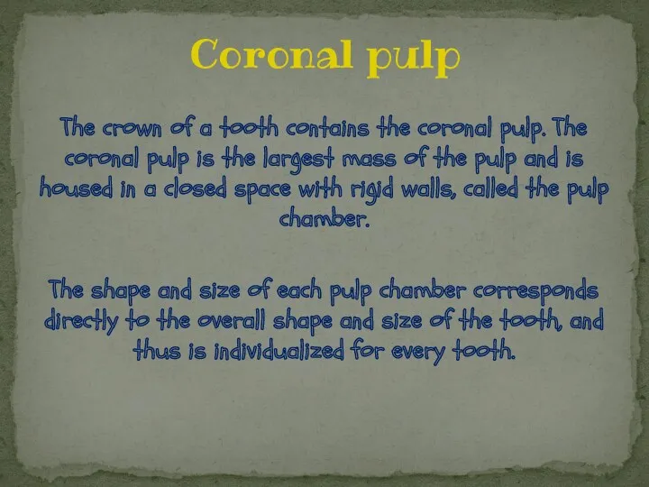 The crown of a tooth contains the coronal pulp. The