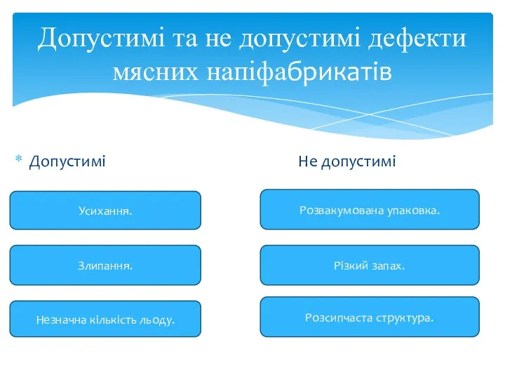 Допустимі Не допустимі Допустимі та не допустимі дефекти мясних напіфабрикатів