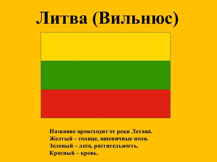 Литва (Вильнюс) Название происходит от реки Летава. Желтый – солнце,