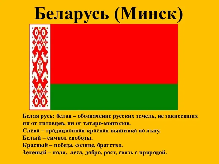 Беларусь (Минск) Белая русь: белая – обозначение русских земель, не