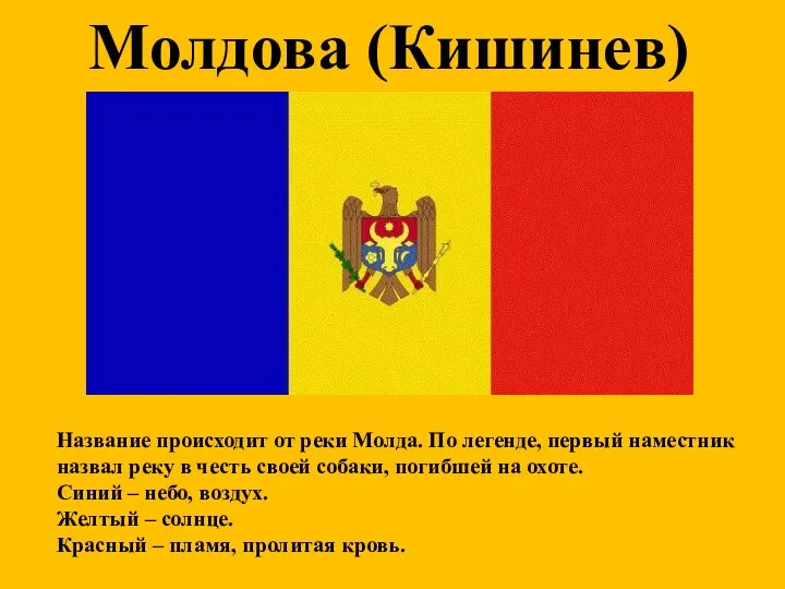 Молдова (Кишинев) Название происходит от реки Молда. По легенде, первый