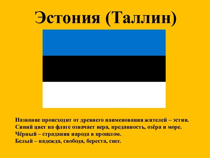 Эстония (Таллин) Название происходит от древнего наименования жителей – эстии.